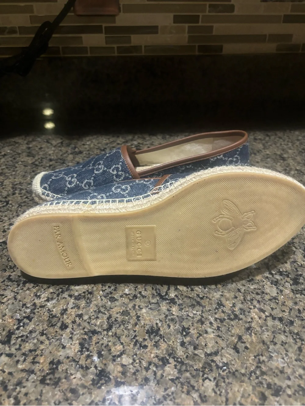 Gucci Denim Logo Espadrilles with Brown leather Trim